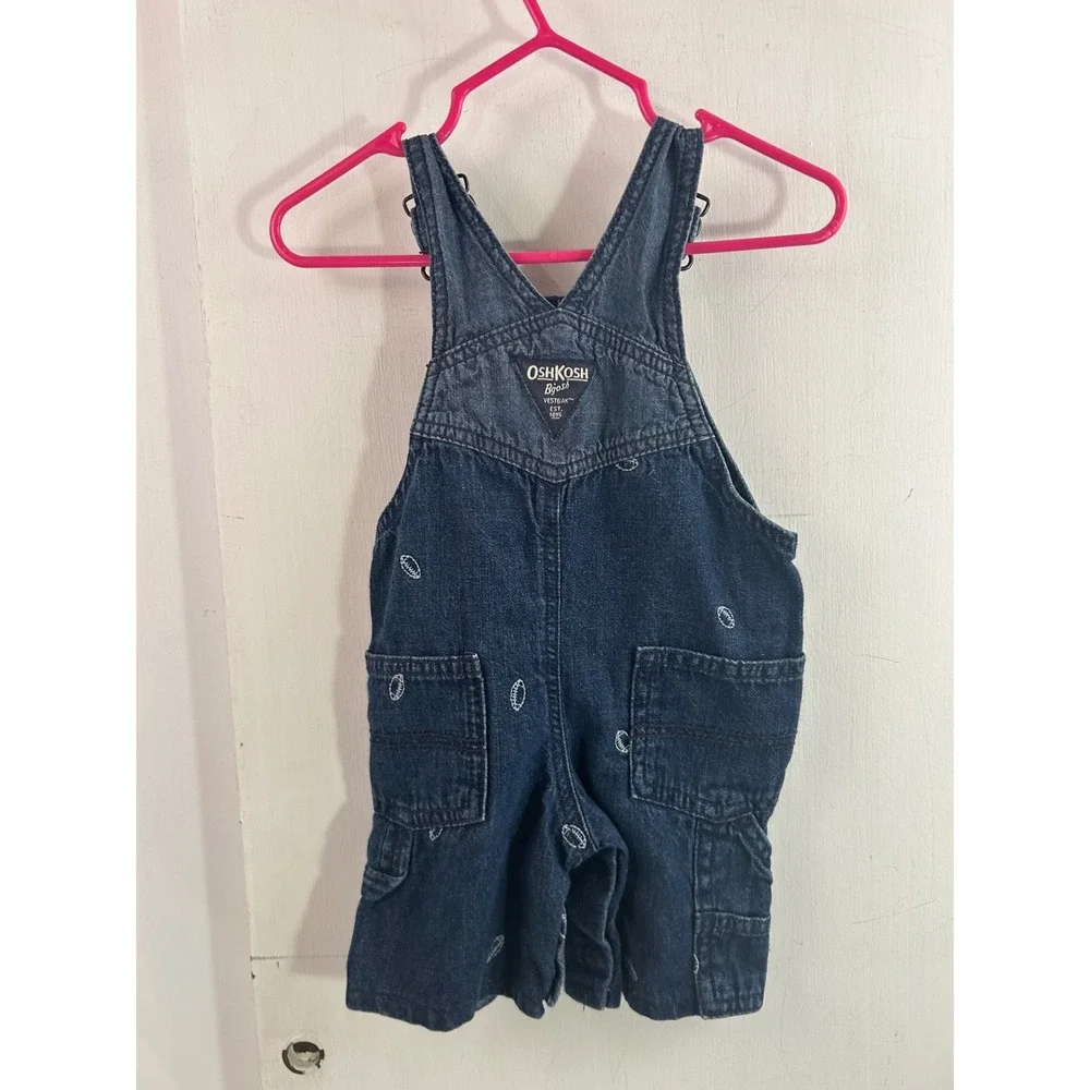 OshKosh B'gosh Shortalls 18M Blue Football Embroidered Denim Overalls Kids